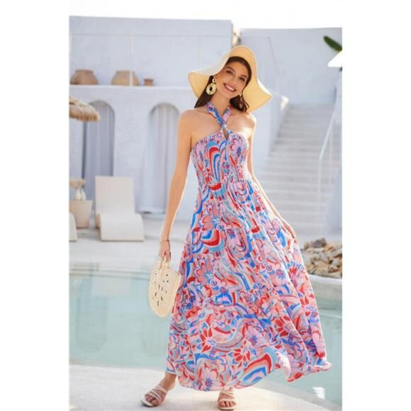 Women's Summer Dresses Halter Neck Sleeveless Pink Blue - Picture 3 of 4